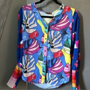 Isle By Melis Kozan Blouse Sm Long Cuffs Bold Tropical Print Top EUC